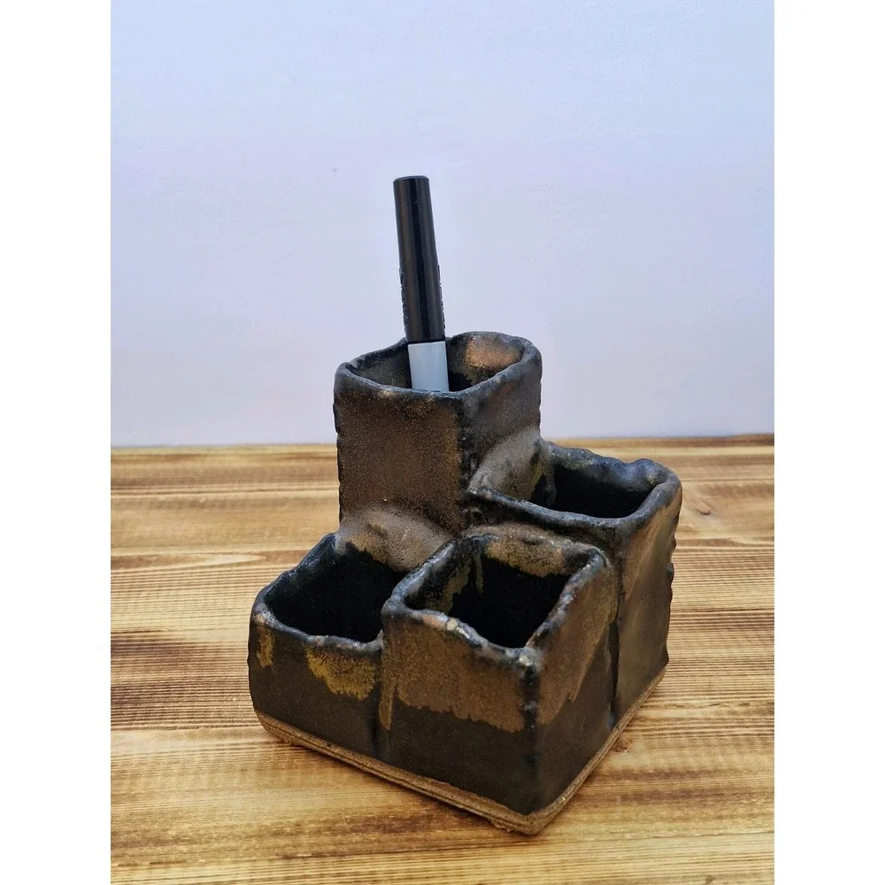 Pen Pencil Holder Earthen Tone‎ ware 4 Slot Tired Hand-crafted Artisan Glaze Vtg